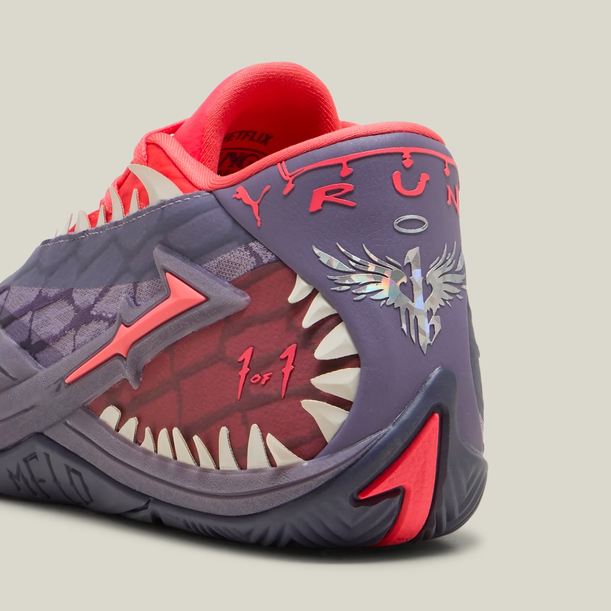 Heel detail of the Stranger Things x PUMA MB.06 Demogorgon